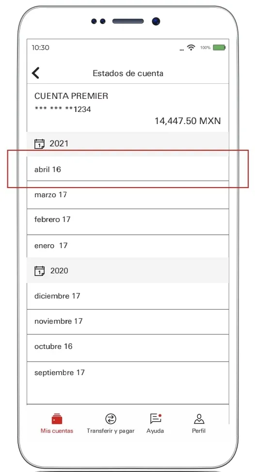 Interfaz de la app de HSBC señalando cómo descargar el estado de cuenta de un mes en específico.