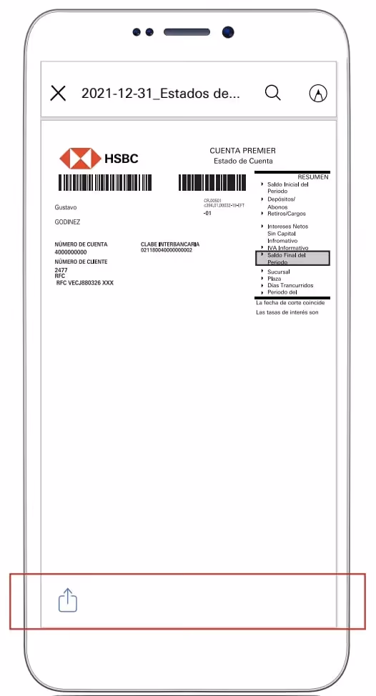 Pantalla de la app de HSBC mostrando la vista previa del estado de cuenta con toda su información.