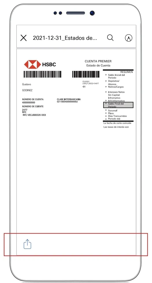 Pantalla de la app de HSBC mostrando la vista previa del estado de cuenta con toda su información.