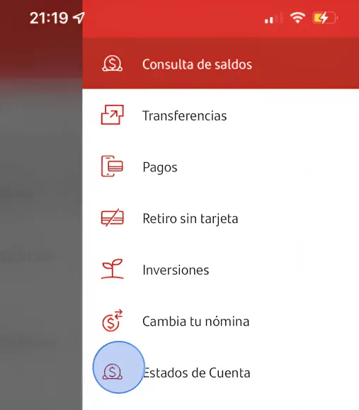Menú principal de la app SuperMóvil Santander México.