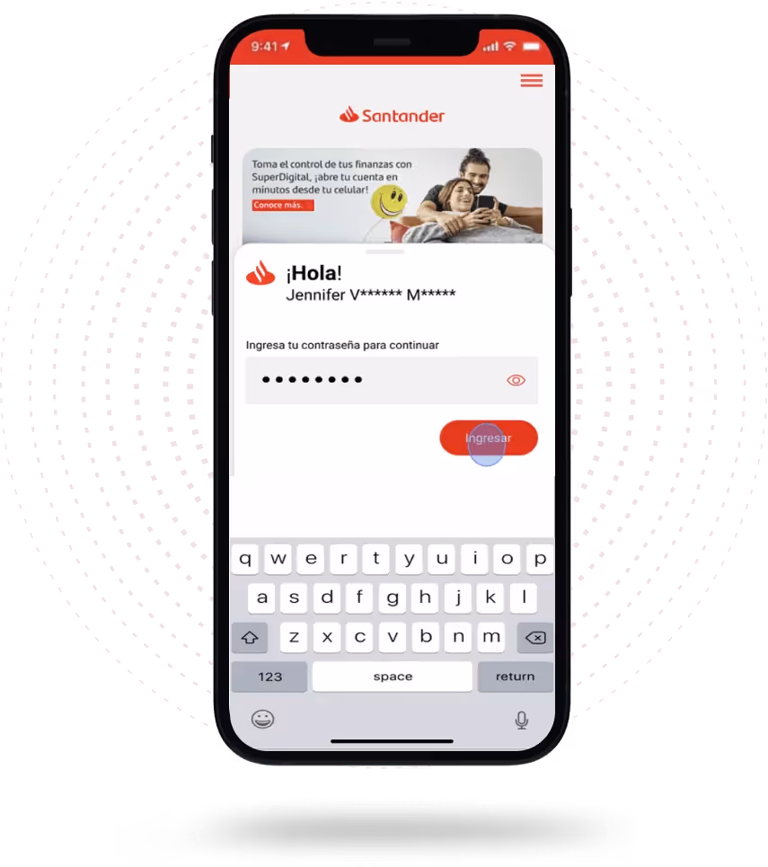 Interfaz principal de la app SuperMóvil Santander México.