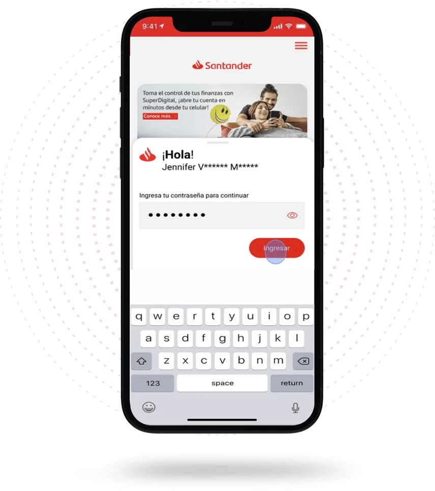 Interfaz principal de la app SuperMóvil Santander México.