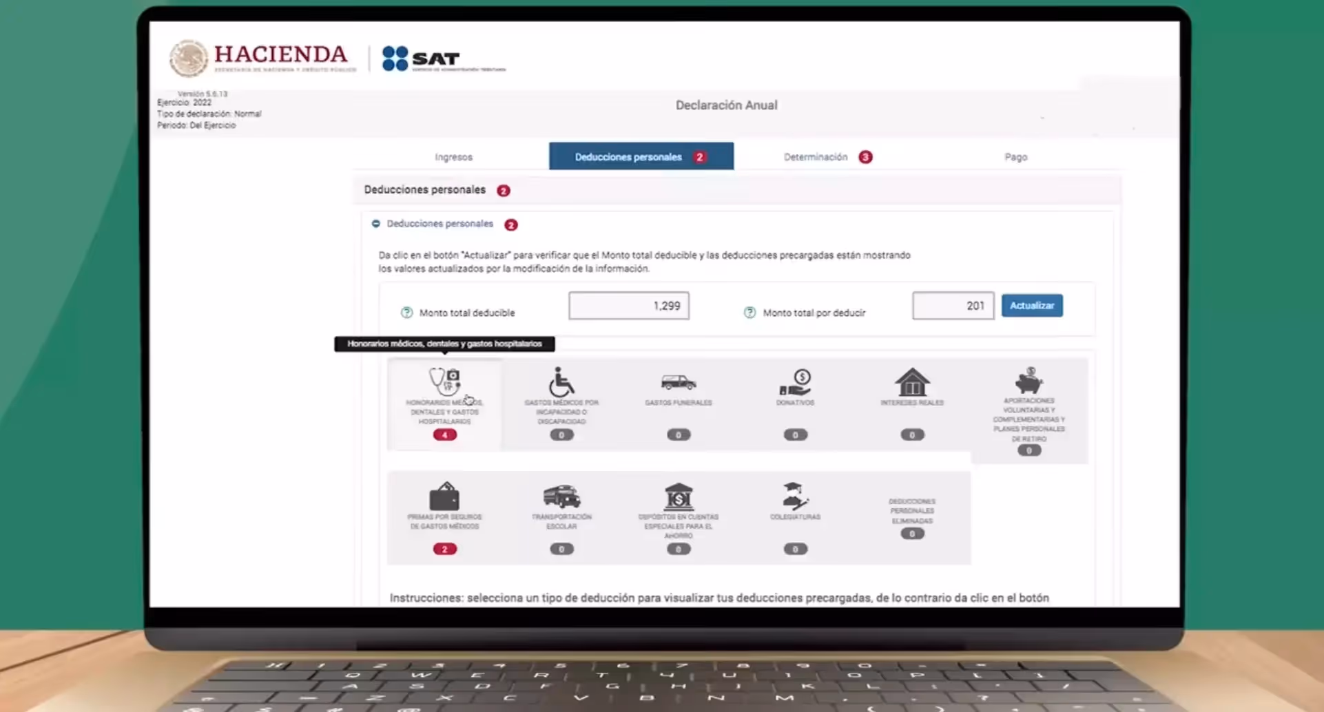 Portal SAT interfaz para llenar deducciones personales