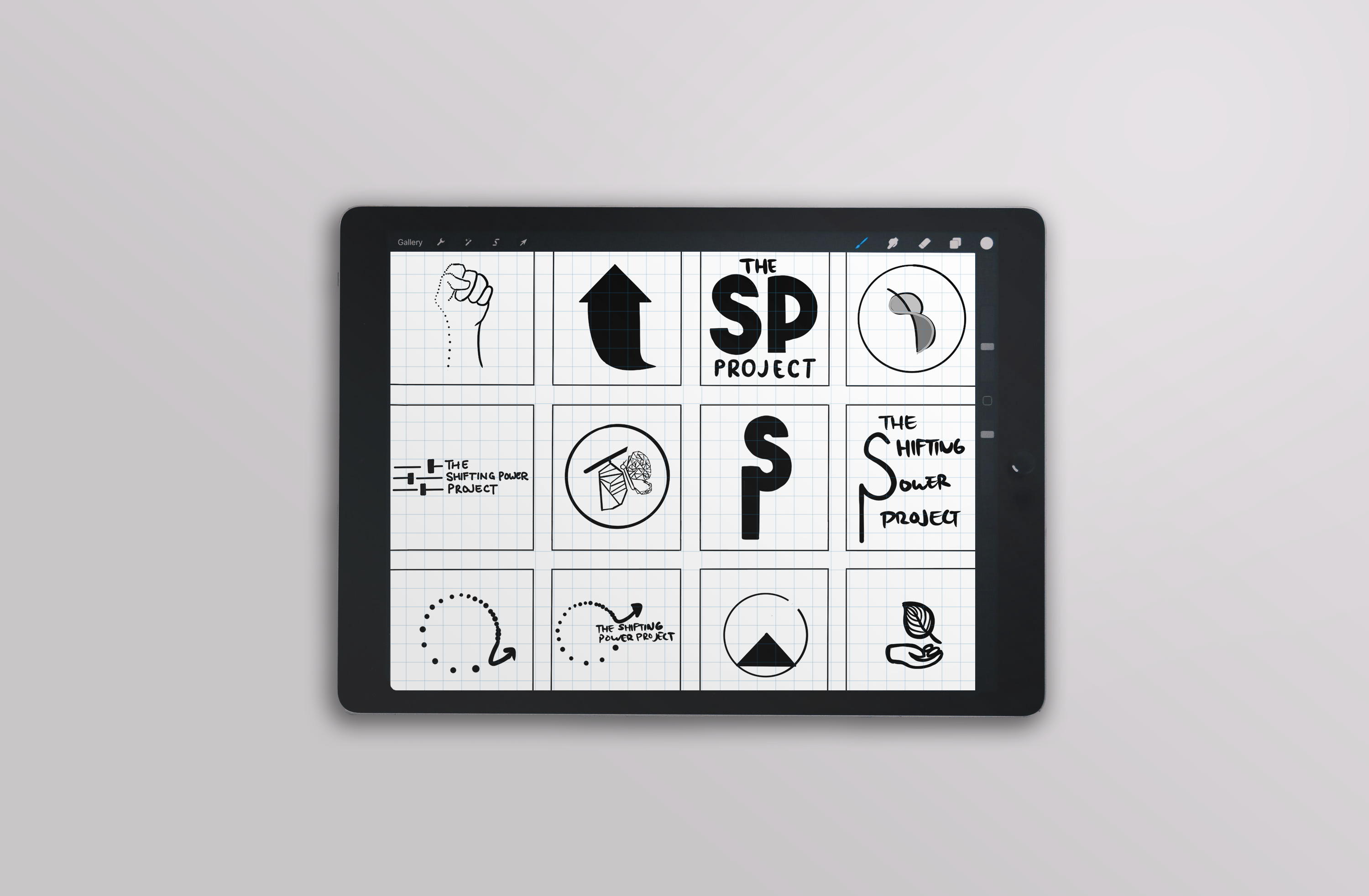 mockup of logo sketches on iPad Procreate