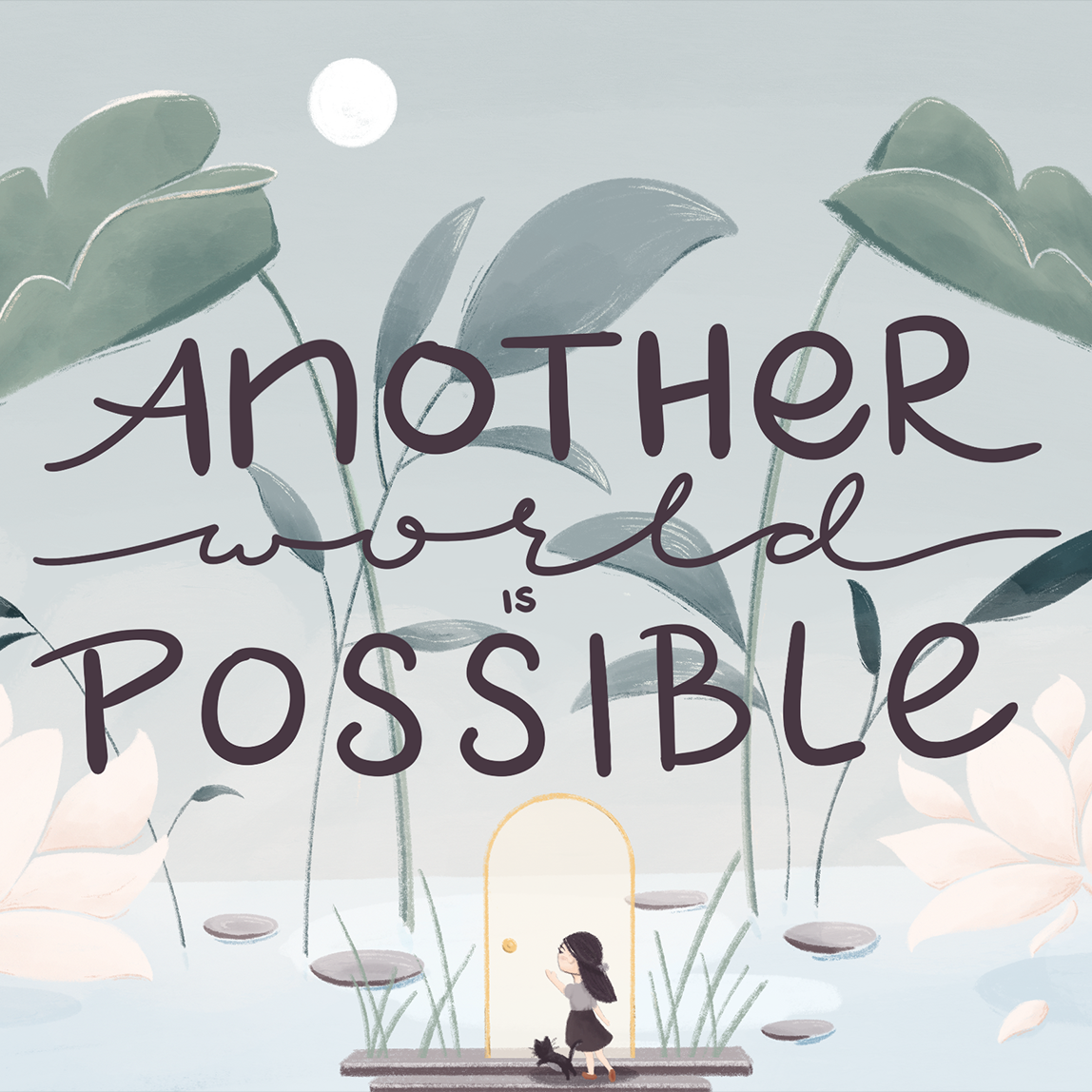 Illustration of woman and cat entering a space where Another World is Possible