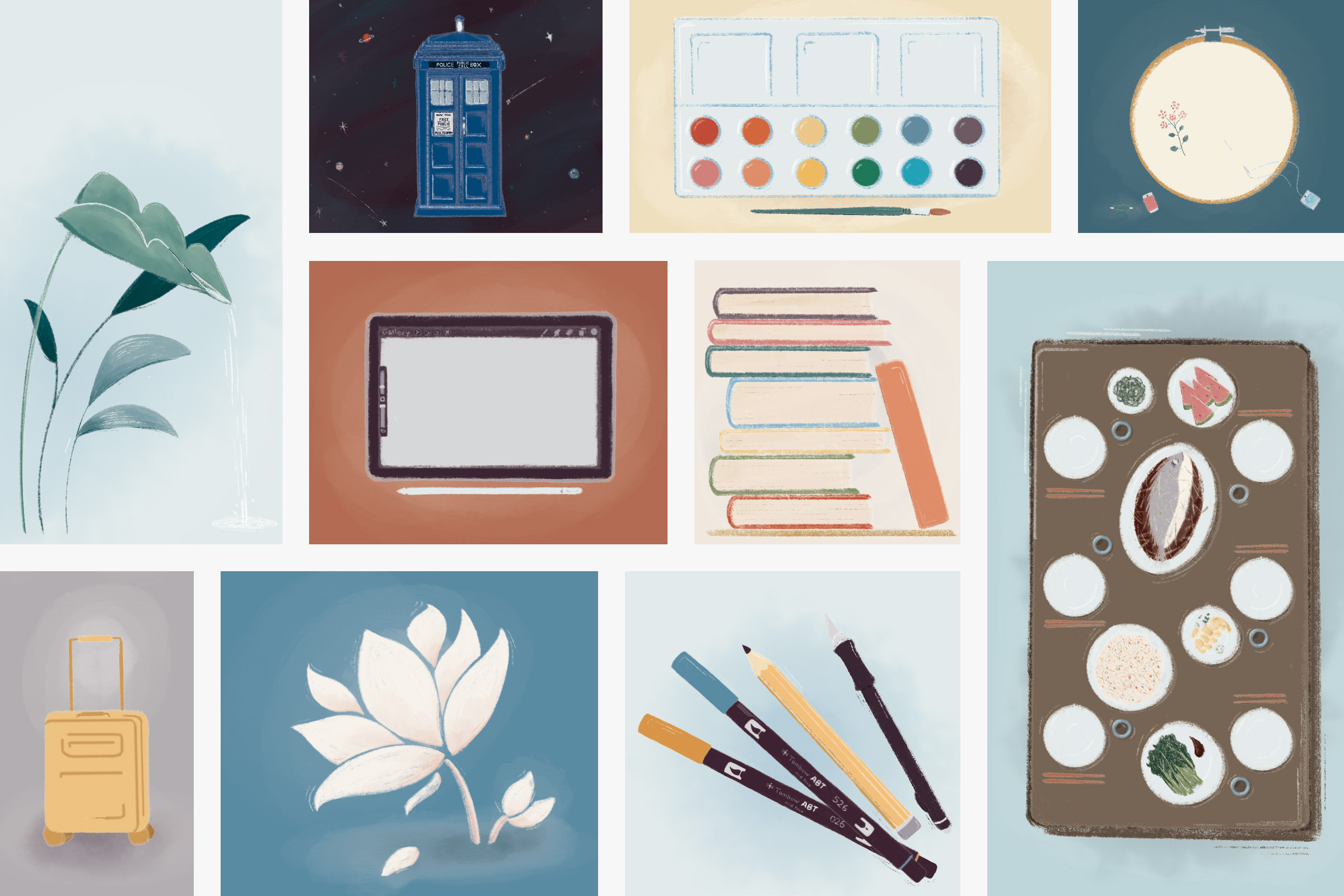 Illustrated collage of Carmen Guan's likes and hobbies