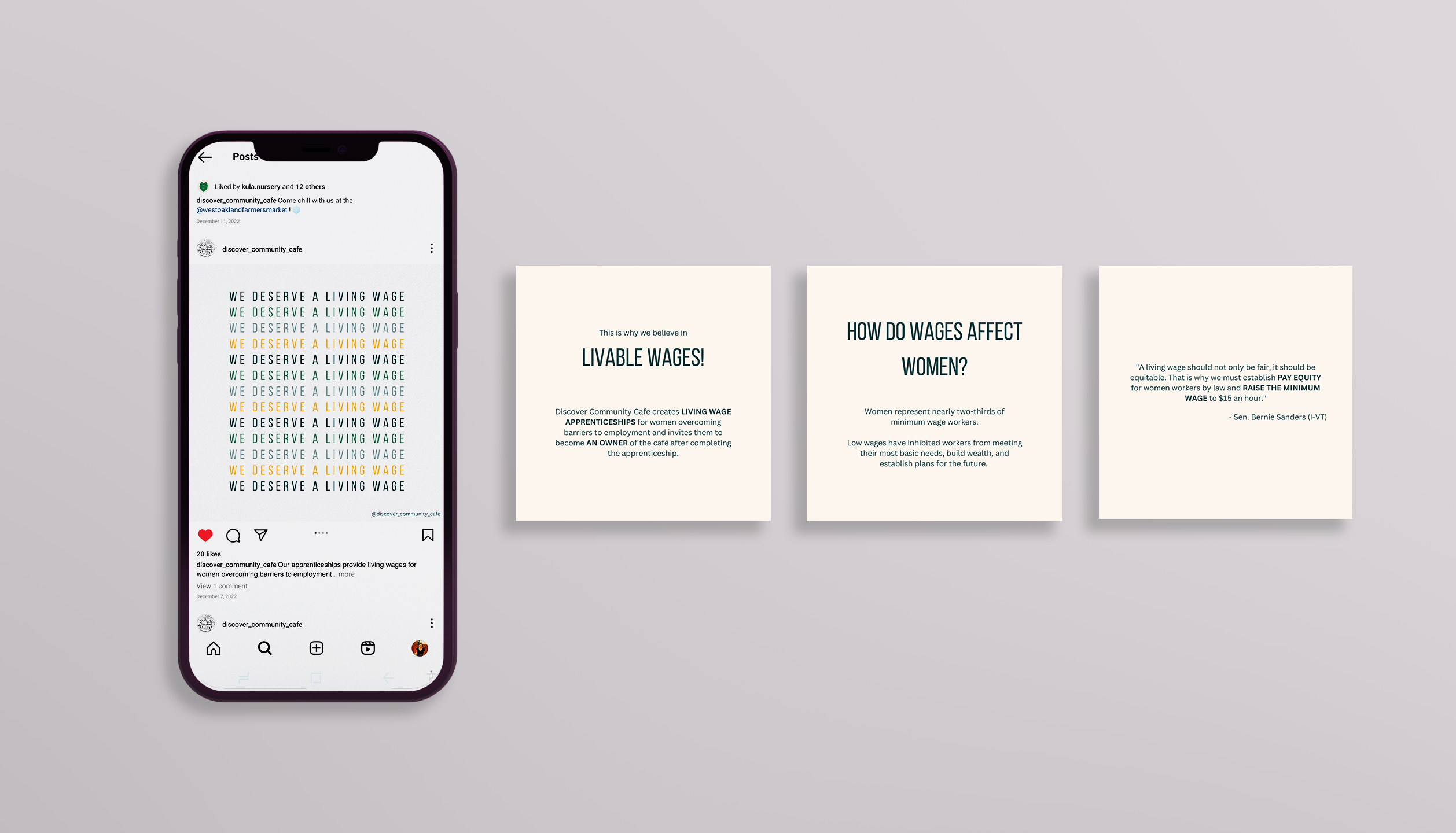 Mockup on smart phone of Instagram Carousel post advocating for living wages for women 