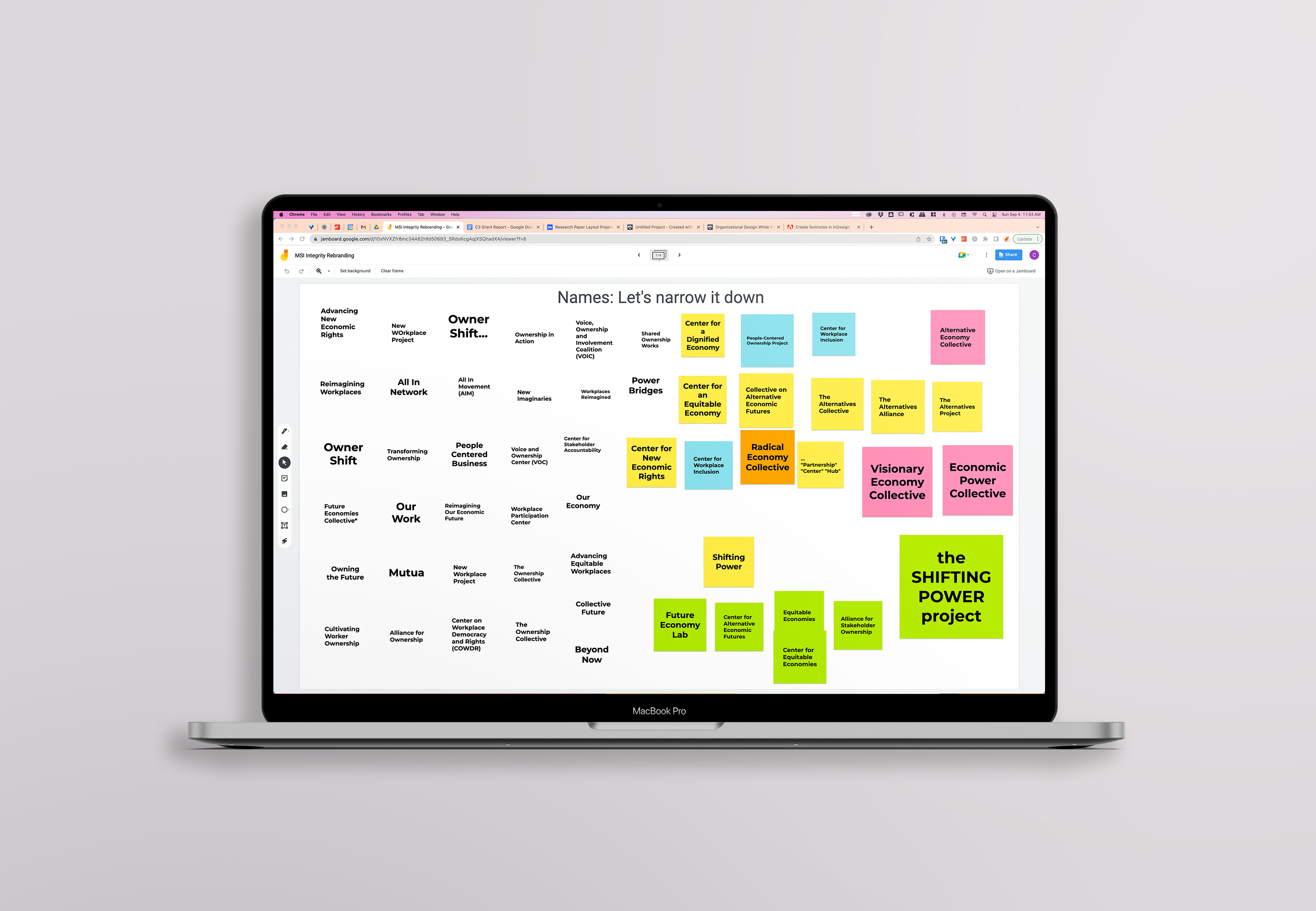 Mockup of Jamboard of name ideas on laptop