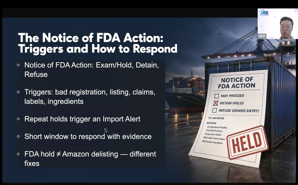 FDA Notice of Action의 검사·보류·억류·반입 거부 원인과 대응 절차 슬라이드