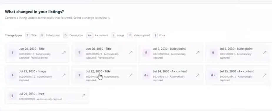 SellerVisor가 타이틀·이미지·A+ 콘텐츠·가격 변경을 날짜별로 자동 기록한 화면