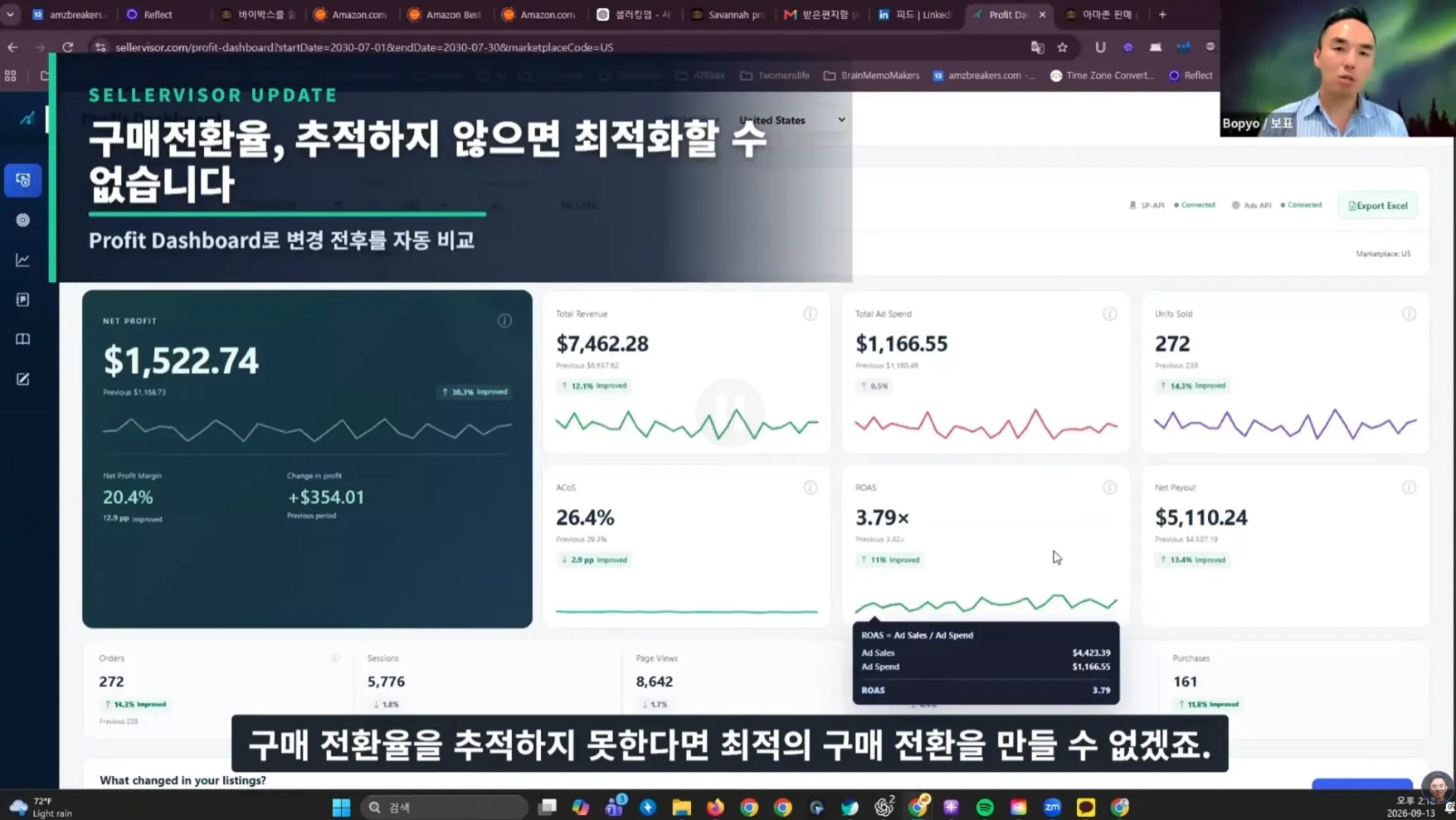 SellerVisor 프라핏 대시보드의 순이익·매출·광고비·ACOS·ROAS 요약 화면