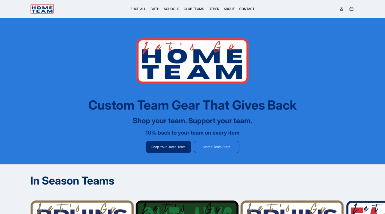 Let's Go Home Team Shopify storefront — desktop view of the Horizon theme homepage
