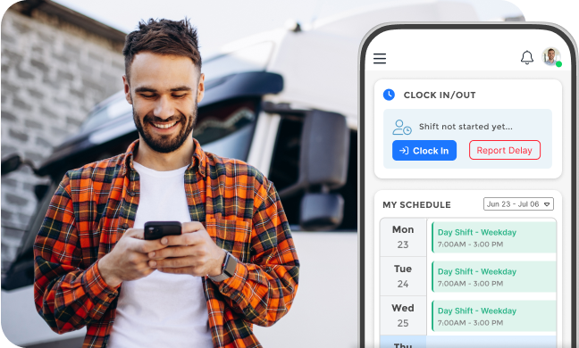 Smiling man in a plaid shirt using a smartphone outdoors with a truck in the background and a mobile app screen showing a work schedule and clock in/out options.