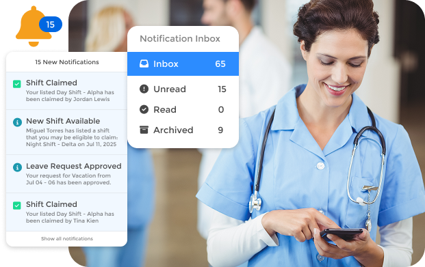 Smiling nurse in blue scrubs using a smartphone, with overlay notifications showing shift claims, leave approval, and inbox summary.