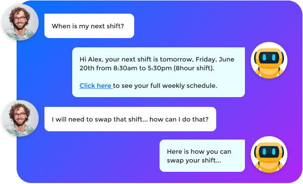 Chat conversation between a man and a chatbot on a purple gradient background, discussing the man's next work shift and how to swap it.
