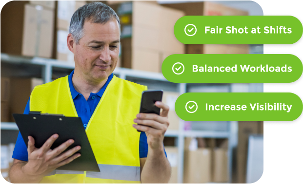 Smiling warehouse worker in yellow safety vest holding clipboard and phone, with text highlighting fair shifts, balanced workloads, and increased visibility.