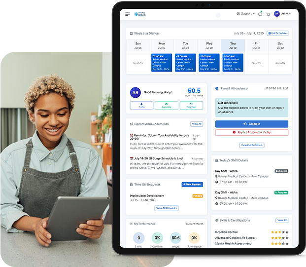 Smiling person with curly hair wearing an apron looking at a tablet, next to a tablet screen showing a staff scheduling and attendance dashboard.
