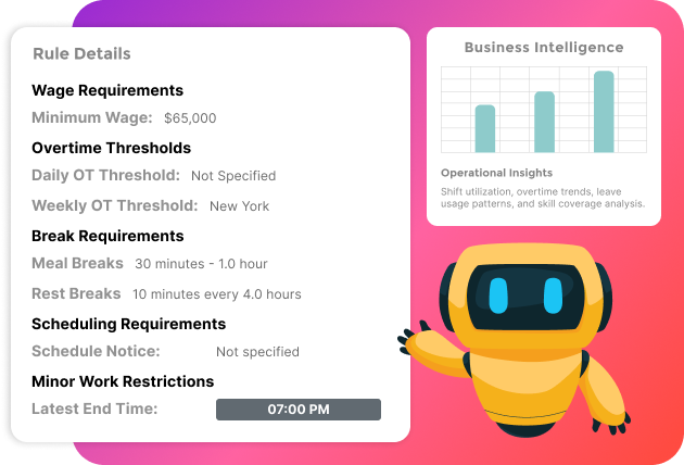 Infographic showing rule details including wage requirements, break requirements, scheduling requirements, and minor work restrictions on the left, a business intelligence bar chart on the top right, and a waving yellow robot on the bottom right, all on a pink gradient background.