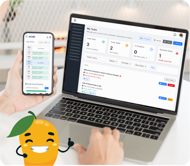 Person using a smartphone showing work shifts and a laptop displaying a task management dashboard with task details and progress.