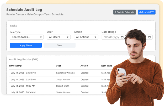 Schedule Audit Log interface showing filters for tasks, user, action, and date range, plus a list of audit log entries with timestamps, users, actions, and item types, with a man in a brown sweater holding and looking at a smartphone on the right.