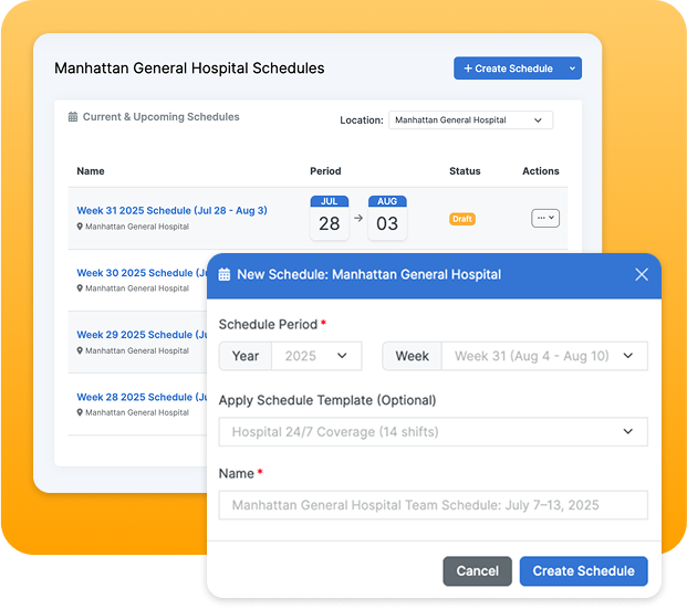 User interface showing Manhattan General Hospital schedules with a list of weekly schedules and a pop-up window to create a new schedule for a selected period, including options to apply a template, name the schedule, and buttons to cancel or create.