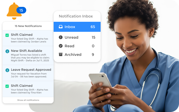 Smiling healthcare worker in blue scrubs using a smartphone with overlaid notifications showing shift claims, new shifts, and leave approvals.