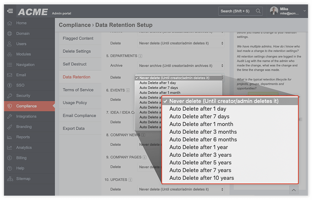Admin portal interface showing compliance data retention setup with a dropdown menu expanded for delete options including 'Never delete' and various auto delete timeframes from 1 day to 10 years.
