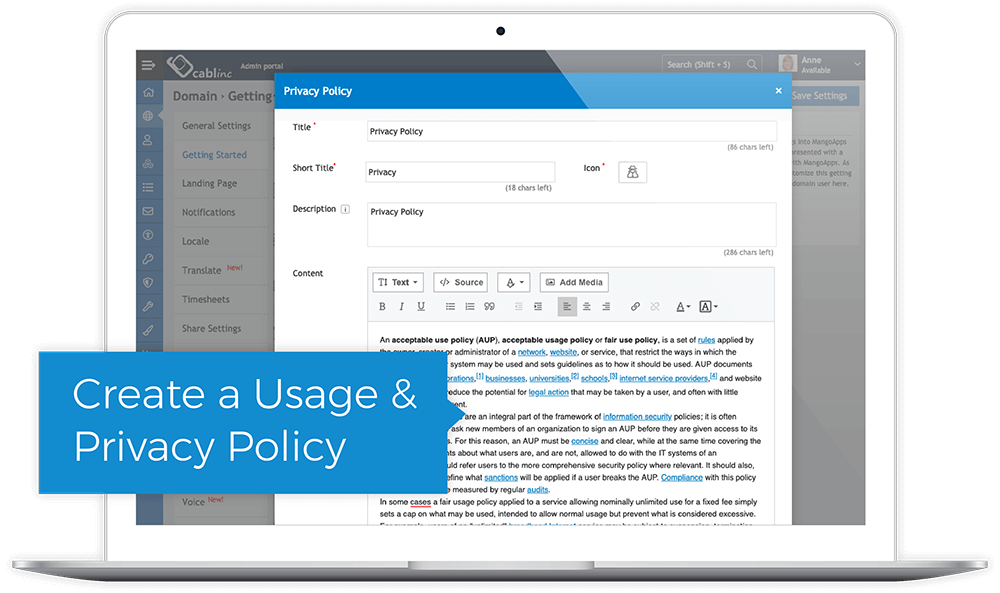 Laptop screen displaying a Privacy Policy editor interface with a pop-up titled 'Privacy Policy' containing fields for Title, Short Title, Icon, Description, and formatted content text about acceptable usage policy.