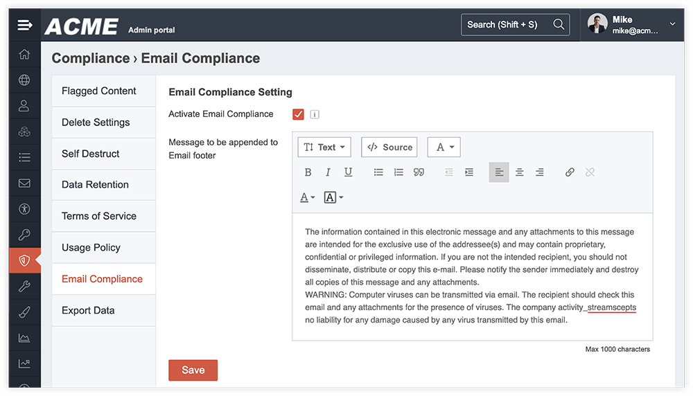 Admin portal page for Email Compliance settings with activated email compliance checkbox, a text editor containing a compliance message for email footer, and a Save button.