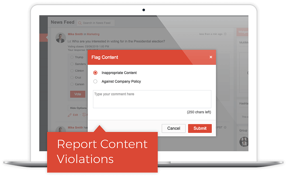 Laptop screen showing a 'Flag Content' popup with options to report inappropriate content or policy violations, and a comment box with submit and cancel buttons.