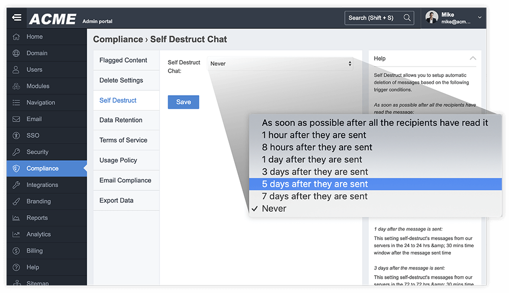 Admin portal screen showing Compliance section with Self Destruct Chat settings and a dropdown menu listing options for message deletion timing.