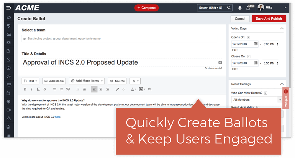 User interface for creating a ballot titled 'Approval of INCS 2.0 Proposed Update' with text editor, voting days settings, and result visibility options.