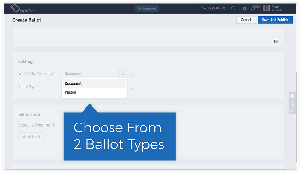 User interface screen titled Create Ballot showing a dropdown menu to select ballot type with options Document and Person and a blue callout box saying Choose From 2 Ballot Types.