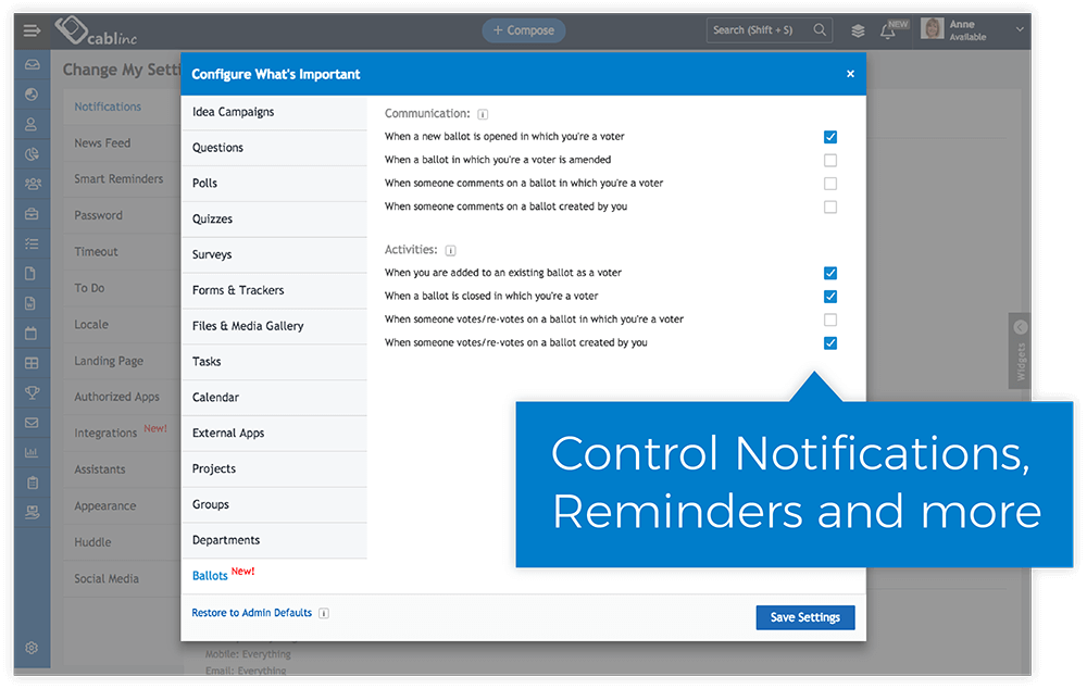 User interface screen showing notification settings for ballot-related communication and activities with checkboxes for various options and a highlighted message saying Control Notifications, Reminders and more.