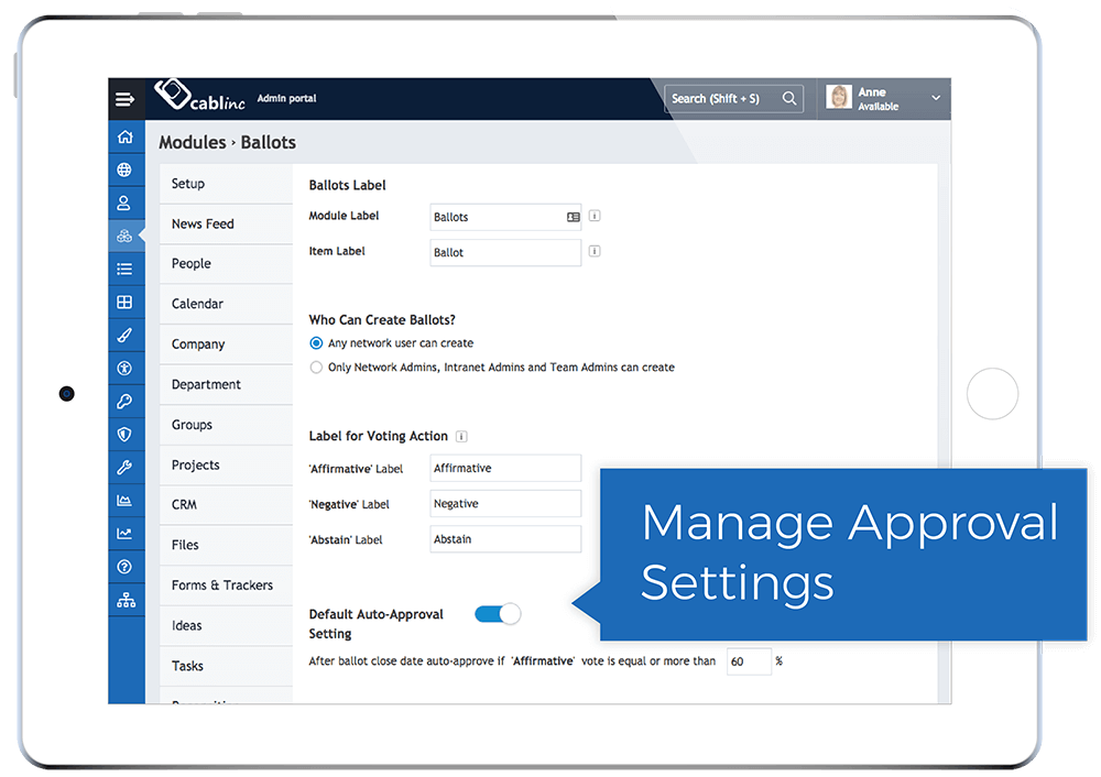 Tablet screen showing Cabline admin portal Ballots module settings for ballot labels, creation permissions, voting action labels, and default auto-approval toggle set to on with a pointer label reading Manage Approval Settings.