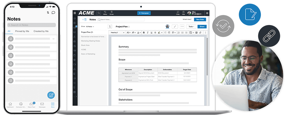 Smartphone displaying a notes app and laptop screen showing a project plan document, alongside a smiling man working on a laptop and icons representing editing, syncing, and linking.