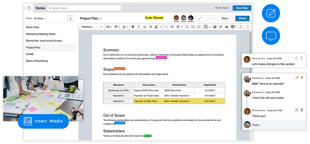 Screenshot of a project plan note with sections for summary, scope, milestones table, out of scope, and stakeholders, alongside comment threads and media insertion icons.