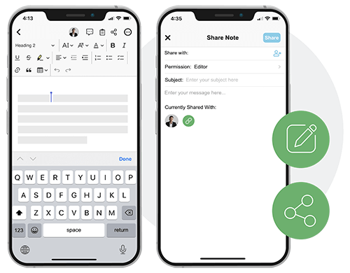 Two smartphone screens showing a note editing interface on the left and a sharing options screen on the right with green icons for editing and sharing.