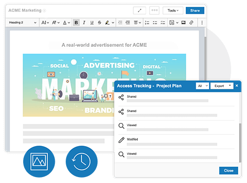 Browser window showing ACME Marketing editing interface with an advertisement preview and an Access Tracking Project Plan panel listing shared, viewed, and modified statuses.