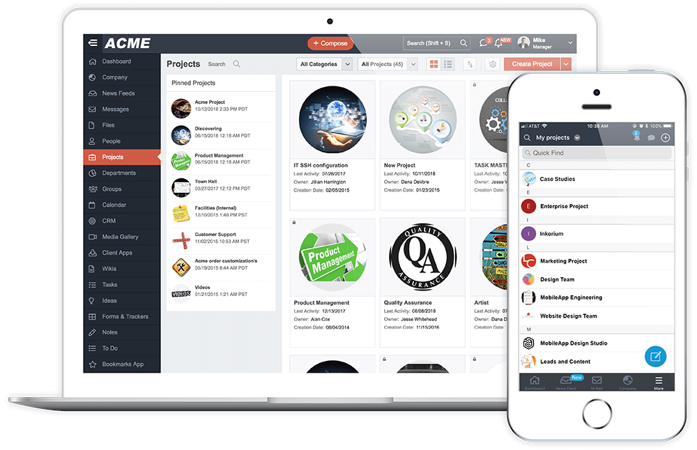 Laptop and smartphone displaying a project management dashboard with project lists and navigation menus.