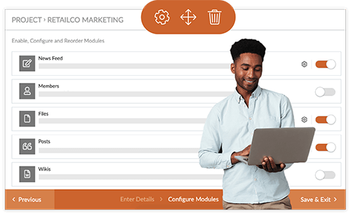 Man holding laptop standing next to a project interface for configuring modules with toggles for News Feed, Members, Files, Posts, and Wikis.