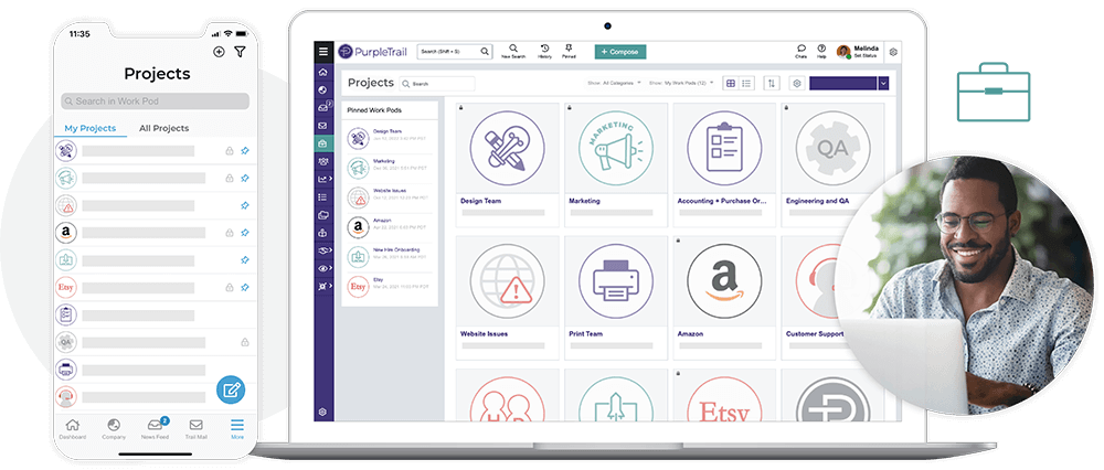 Mobile phone and laptop screens displaying a project management app interface with various team icons and project names, alongside a smiling man working on a laptop.