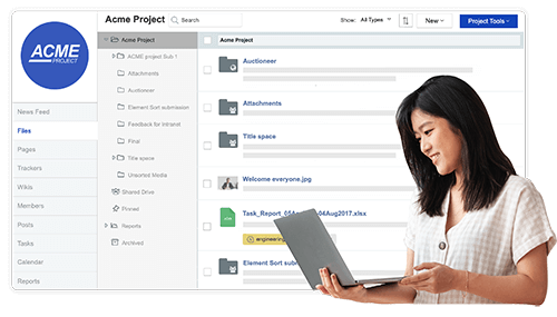 Woman smiling and holding a laptop with a project management interface showing Acme Project and file details on screen.