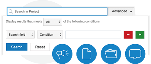 Search interface with options for advanced filtering, including search field, condition, and buttons to add or remove criteria, plus blue icon buttons for announcements, documents, folders, and comments.