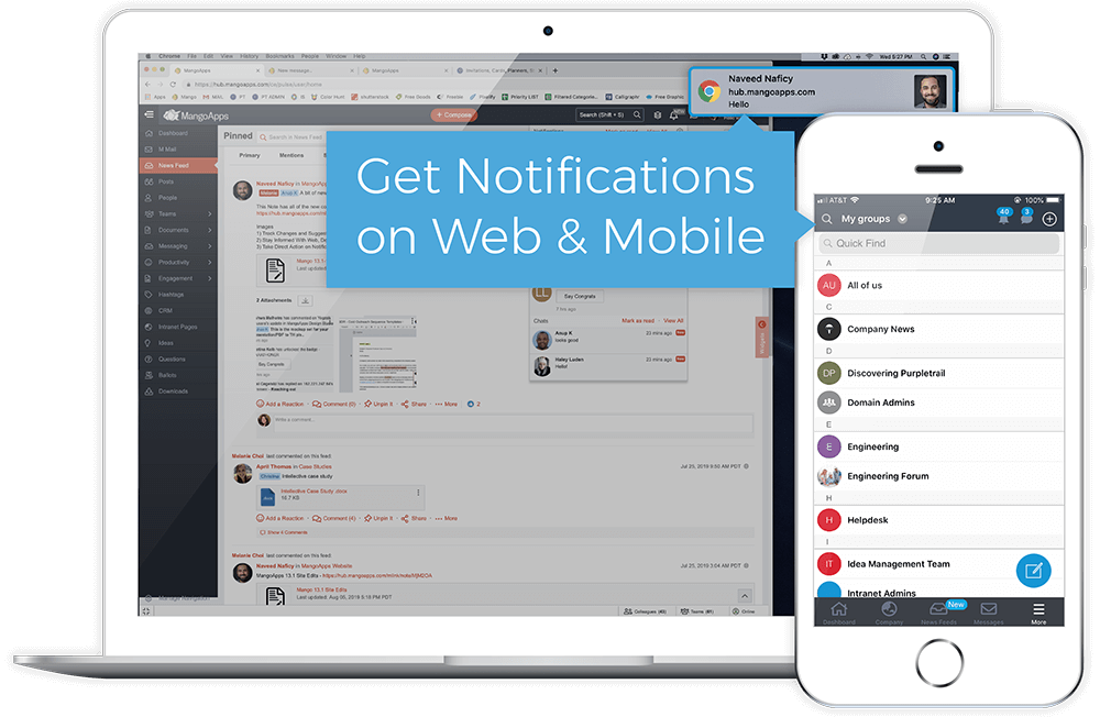 Laptop and smartphone displaying MangoApps interface with a notification popup and text saying 'Get Notifications on Web & Mobile'.
