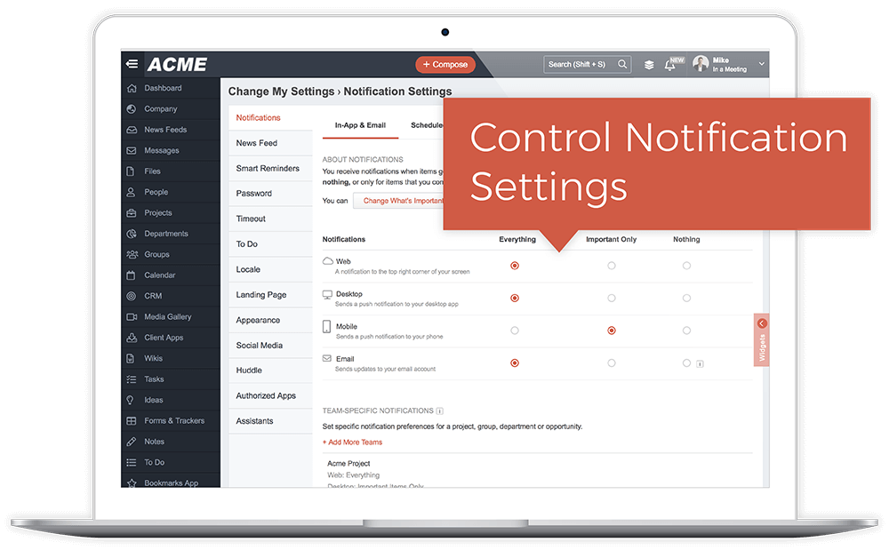 Laptop screen showing ACME software’s Notification Settings page with options to control notifications for Web, Desktop, Mobile, and Email, and a highlighted label reading 'Control Notification Settings'.