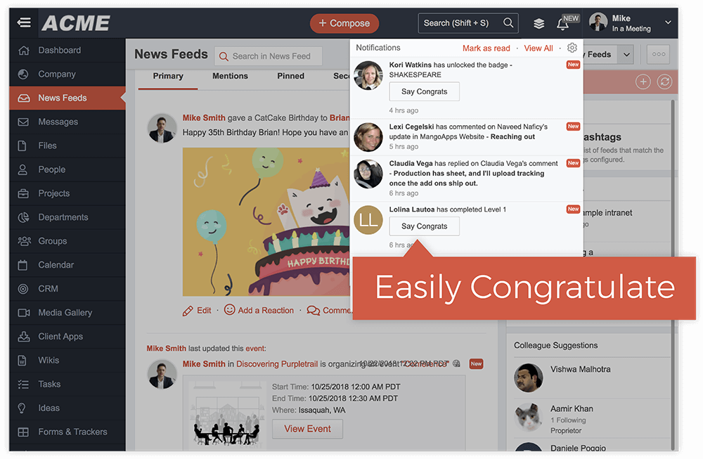 Dashboard interface of ACME with notifications and a highlighted message balloon saying 'Easily Congratulate'.