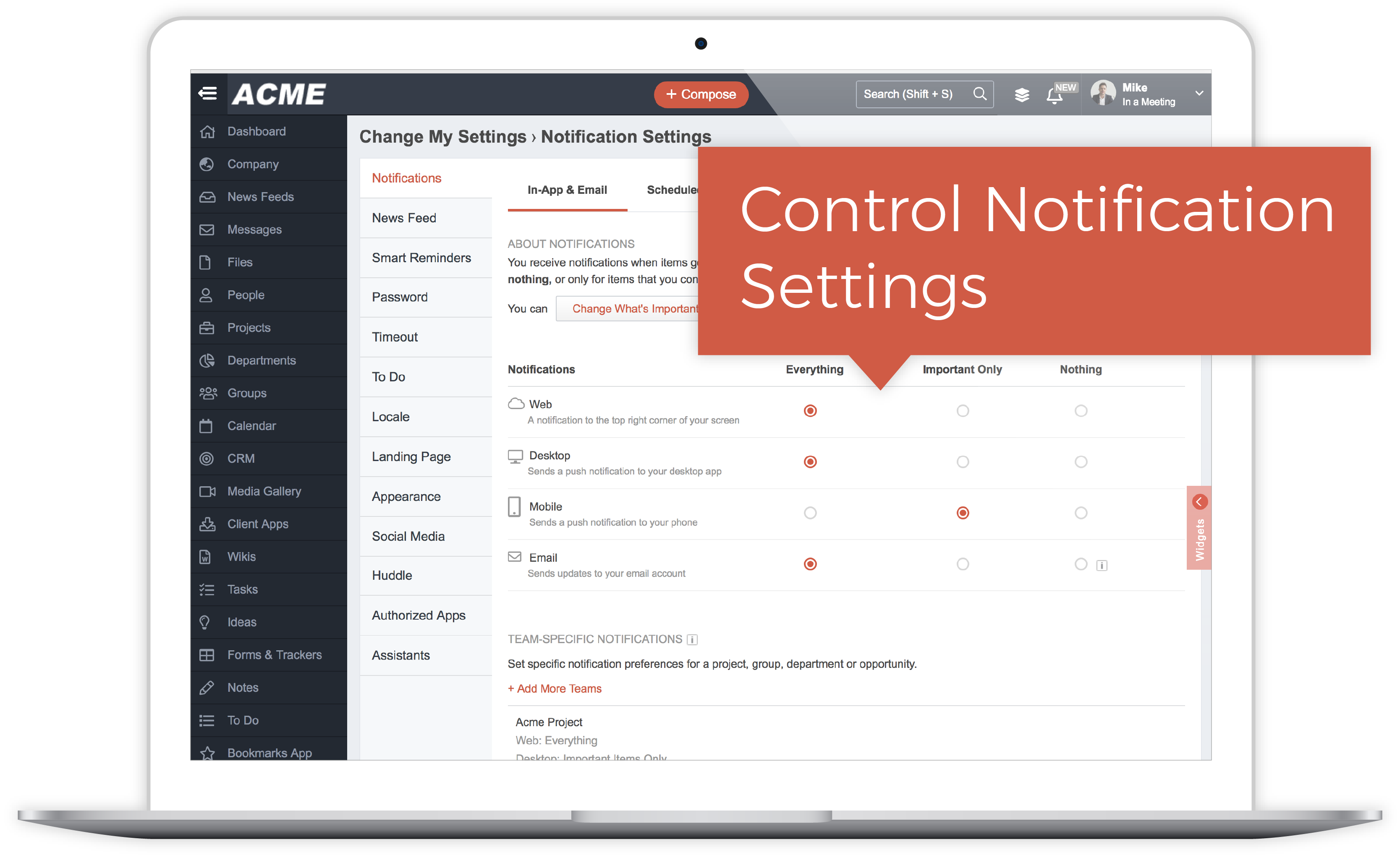 Laptop screen showing ACME software with Notification Settings page where users can control notification preferences for Web, Desktop, Mobile, and Email.