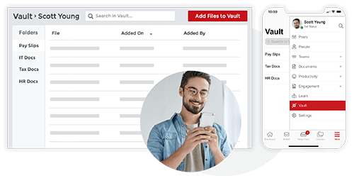 User interface showing document folders and a mobile app menu with a circular inset of a smiling man holding a smartphone.