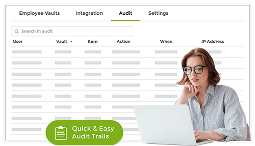 Woman in glasses working on laptop with a screen showing an audit log interface and a green label reading Quick & Easy Audit Trails.